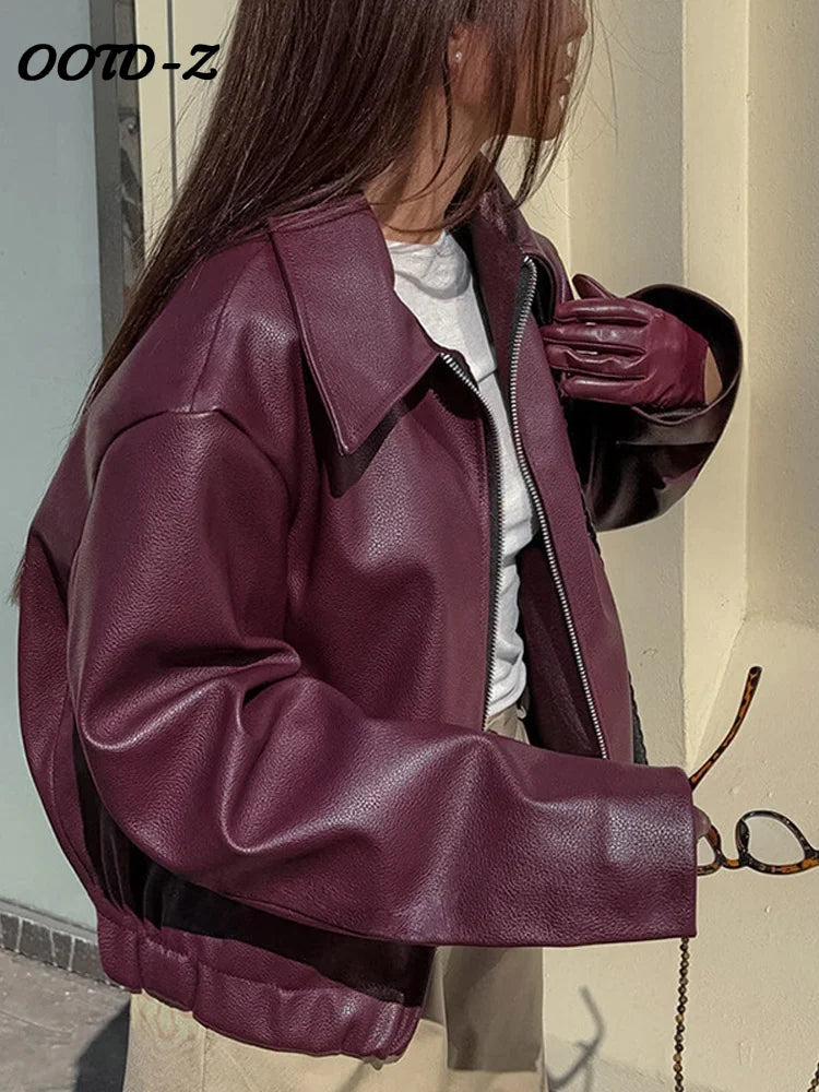 Locomotive Leather Women's Jacket Fashion Zipper Long Sleeve Pu Female Coats 2024 Autumn Winter Turn-down Collar Lady Outwears