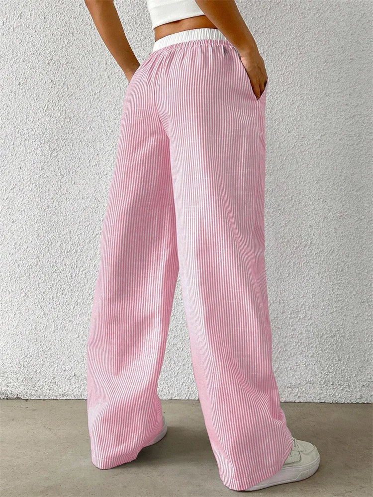 Women's Casual Striped Woven Wide Leg Pants Fall Winter 2025 Casual Stylish Full Length Trousers Y2K Clothes Streetwear