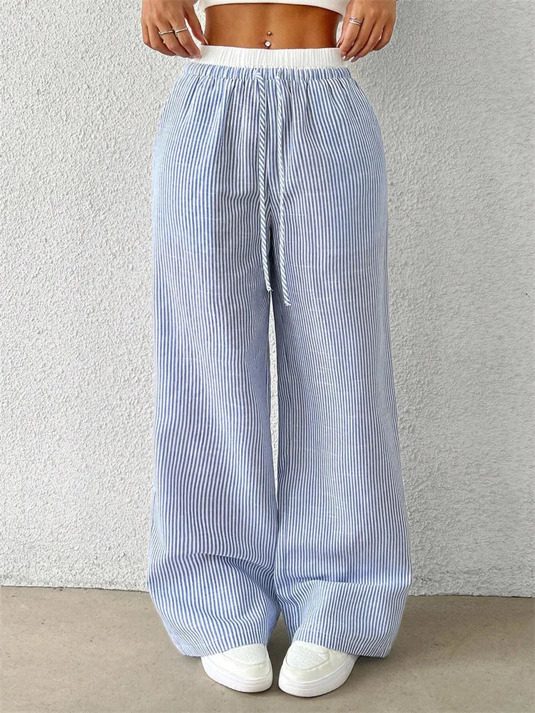 Women's Casual Striped Woven Wide Leg Pants Fall Winter 2025 Casual Stylish Full Length Trousers Y2K Clothes Streetwear