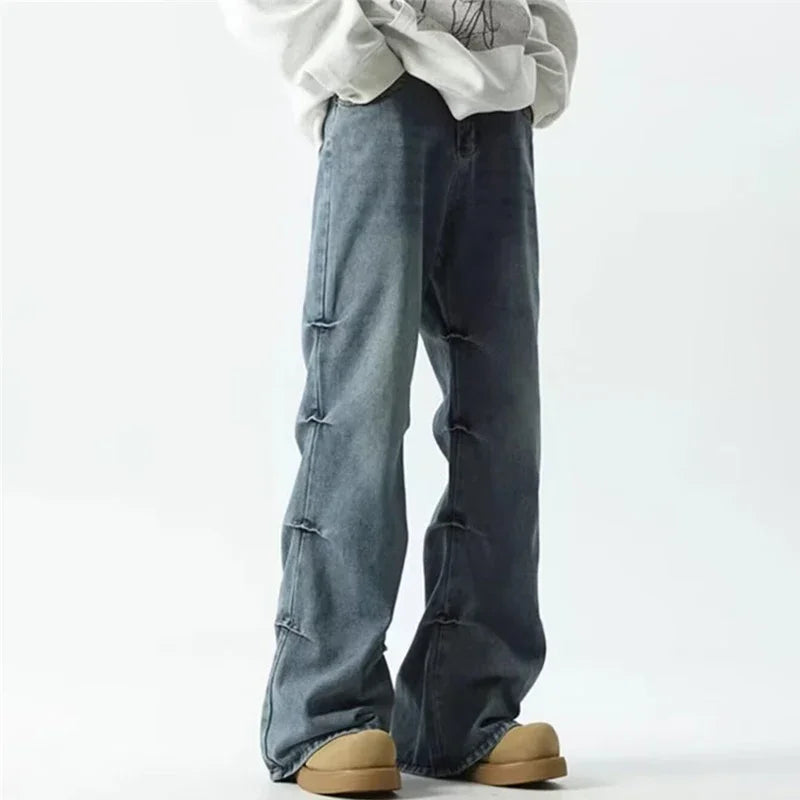 2025 Y2K Streetwear Vintage Pleated Jeans For Men Hip Hop Fashion Blue Baggy Denim Trousers Harajuku Draped Straight Jean
