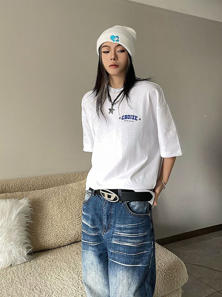 HOUZHOU Oversized Graphic Cotton T-shirts Women Harajuku Hip Hop Style Tees Female Grunge Y2k Korean Streetwear White Black Tops - KAEDE GARDENS