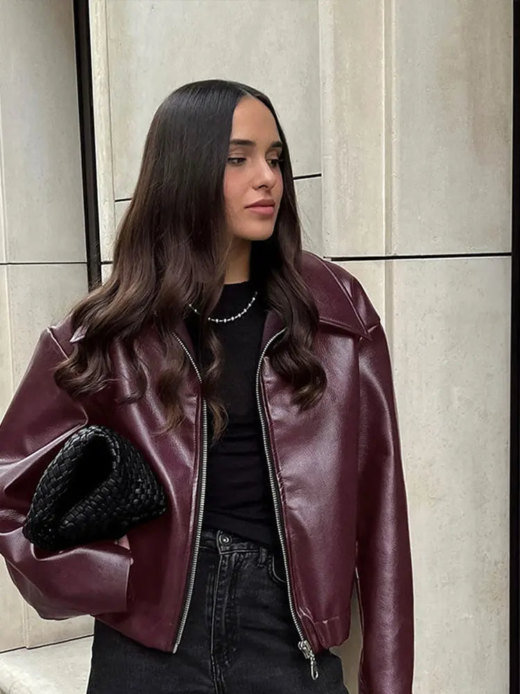 Locomotive Leather Women's Jacket Fashion Zipper Long Sleeve Pu Female Coats 2024 Autumn Winter Turn-down Collar Lady Outwears
