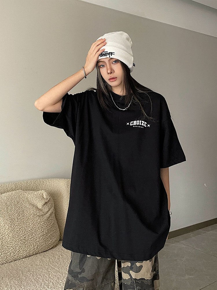 HOUZHOU Oversized Graphic Cotton T-shirts Women Harajuku Hip Hop Style Tees Female Grunge Y2k Korean Streetwear White Black Tops - KAEDE GARDENS