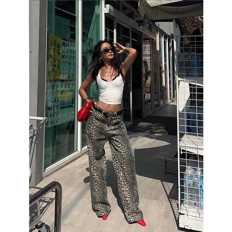American Retro Leopard Casual Jean Pants Women Y2K Fashion Hotsweet Baggy cowboy Pant Korean Trendy Style Streetwear High Waist
