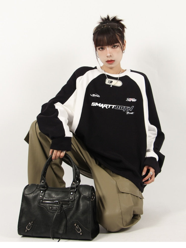 ADAgirl Black Vintage Sweatshirt Women Oversized Hoodie Y2k Patchwork Raglan Sleeve Cybercore Korean Style Fashion Kpop Clothes - KAEDE GARDENS