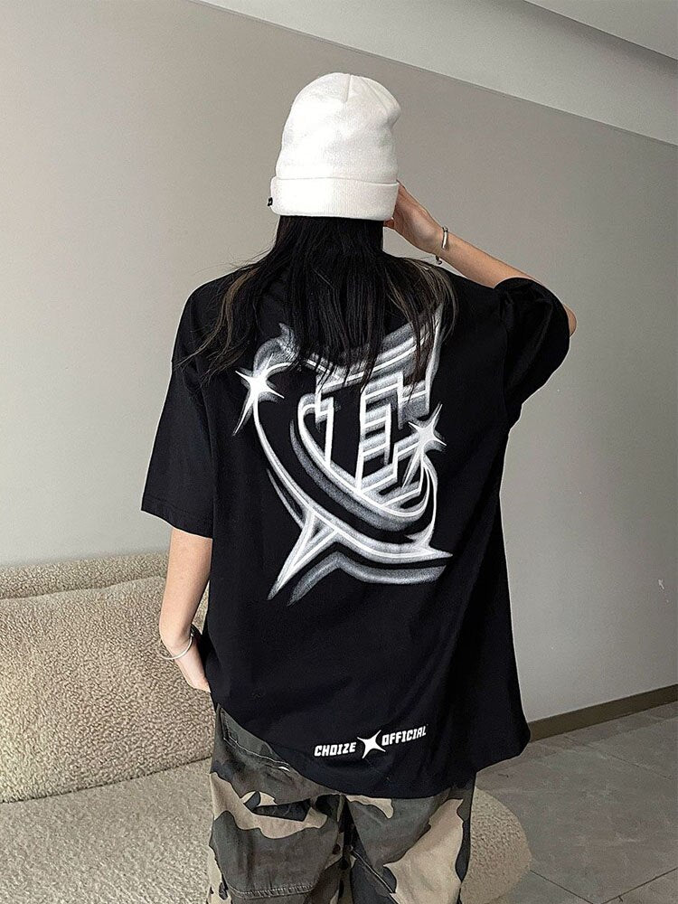 HOUZHOU Oversized Graphic Cotton T-shirts Women Harajuku Hip Hop Style Tees Female Grunge Y2k Korean Streetwear White Black Tops - KAEDE GARDENS