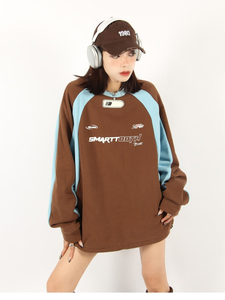 ADAgirl Black Vintage Sweatshirt Women Oversized Hoodie Y2k Patchwork Raglan Sleeve Cybercore Korean Style Fashion Kpop Clothes - KAEDE GARDENS