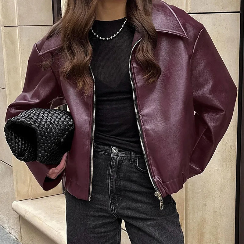 Locomotive Leather Women's Jacket Fashion Zipper Long Sleeve Pu Female Coats 2024 Autumn Winter Turn-down Collar Lady Outwears