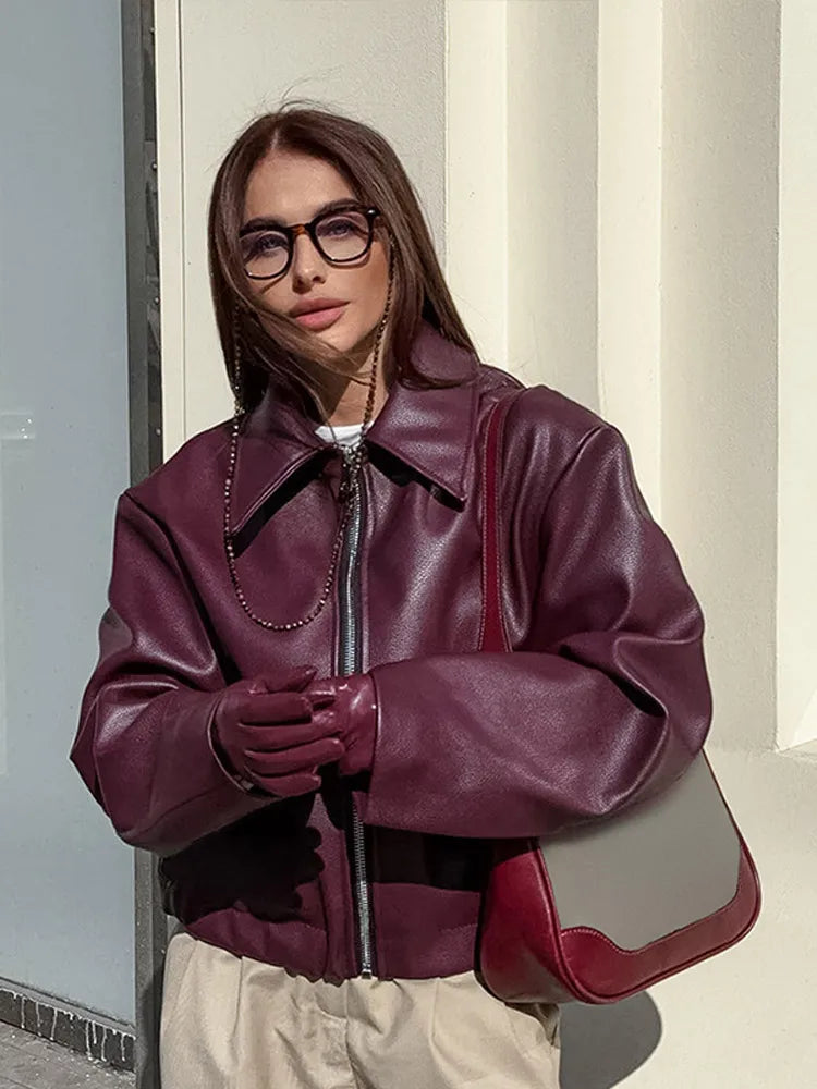 Locomotive Leather Women's Jacket Fashion Zipper Long Sleeve Pu Female Coats 2024 Autumn Winter Turn-down Collar Lady Outwears