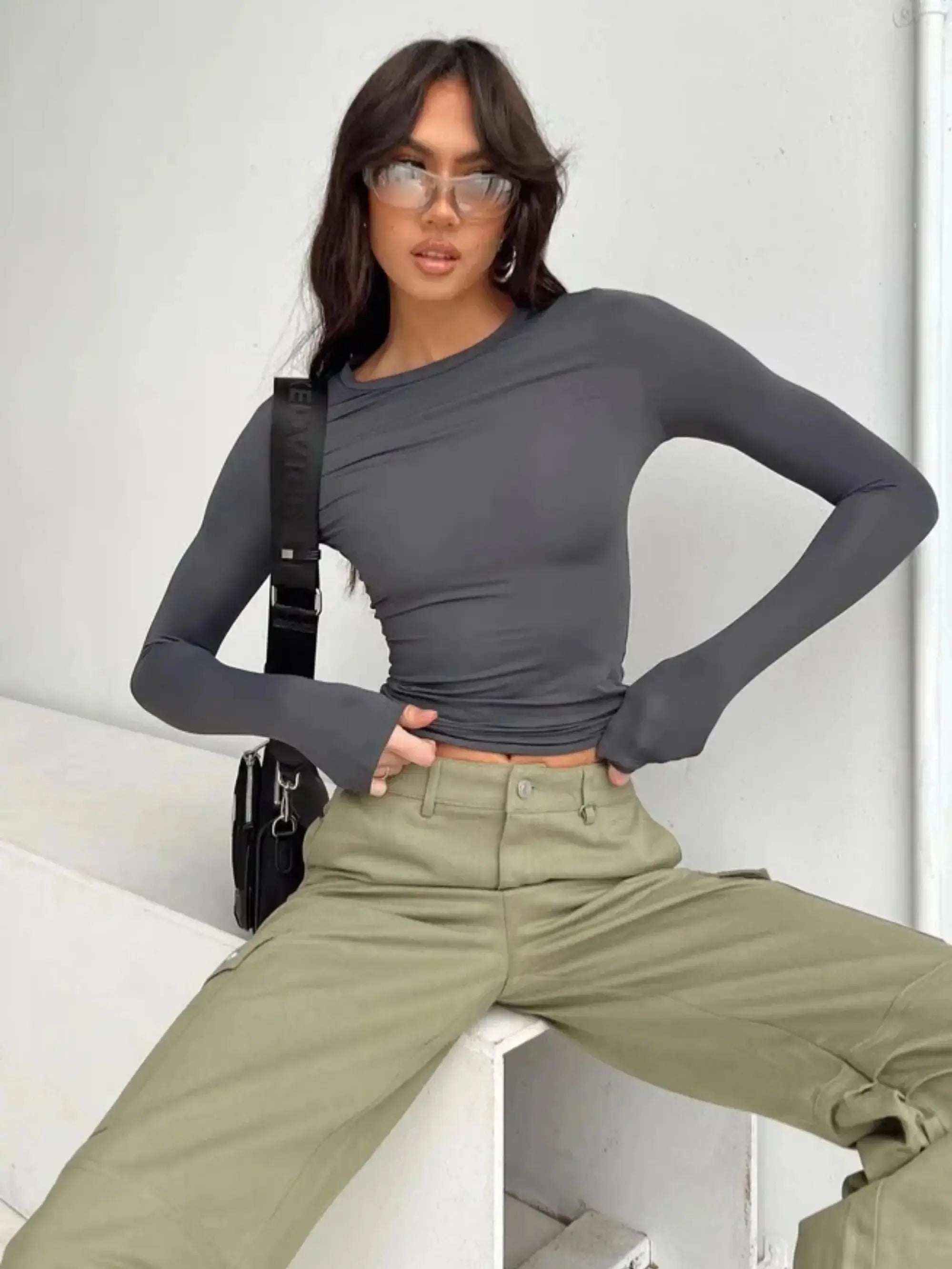 KG Women's Long Sleeved T-Shirt Spring And Autumn Solid Color Slim Fit Pullover Women's Basic T-Shirt Y2k Clothes Street Wear