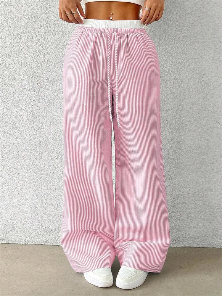 Women's Casual Striped Woven Wide Leg Pants Fall Winter 2025 Casual Stylish Full Length Trousers Y2K Clothes Streetwear