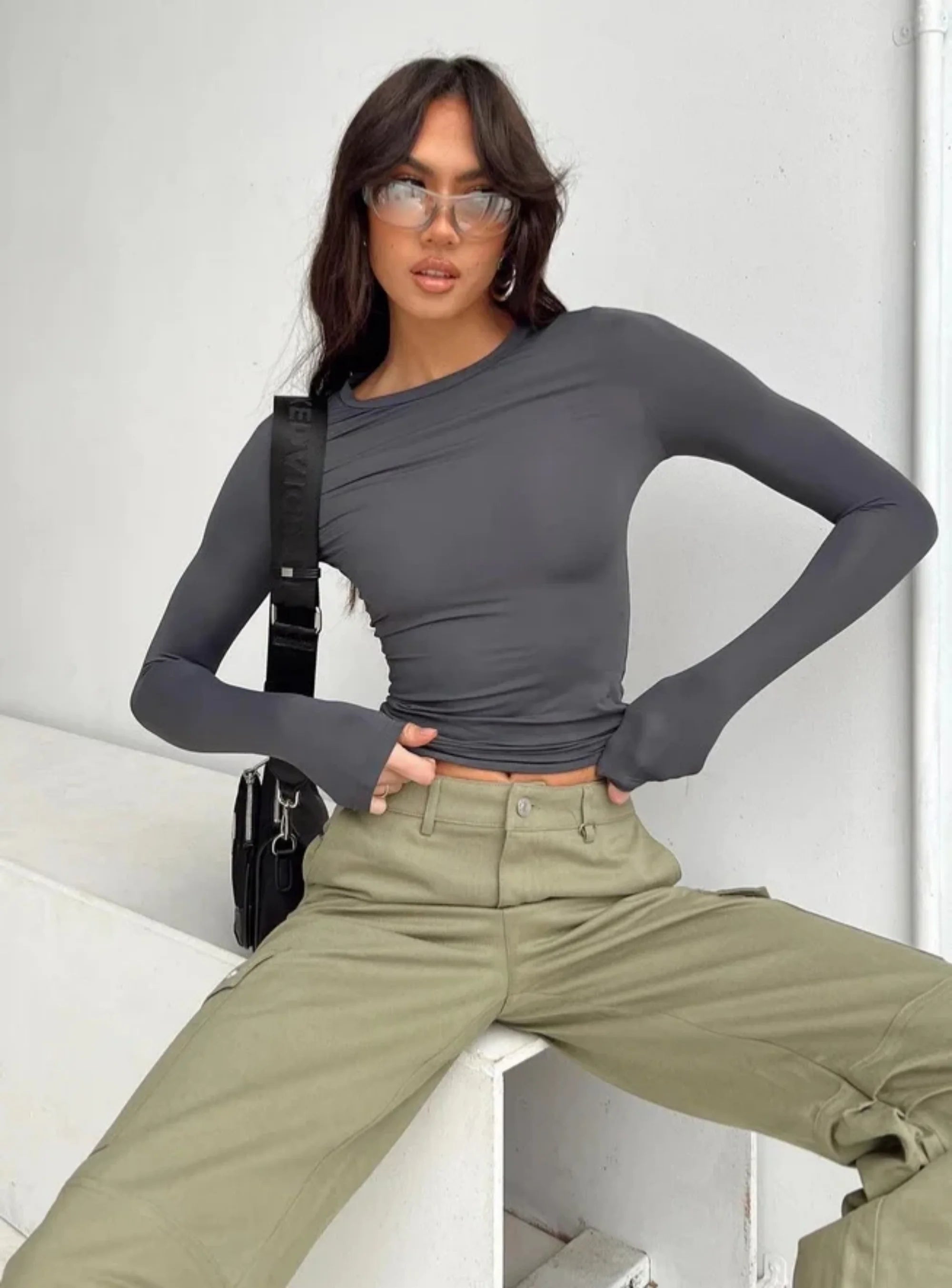 KG Women's Long Sleeved T-Shirt Spring And Autumn Solid Color Slim Fit Pullover Women's Basic T-Shirt Y2k Clothes Street Wear