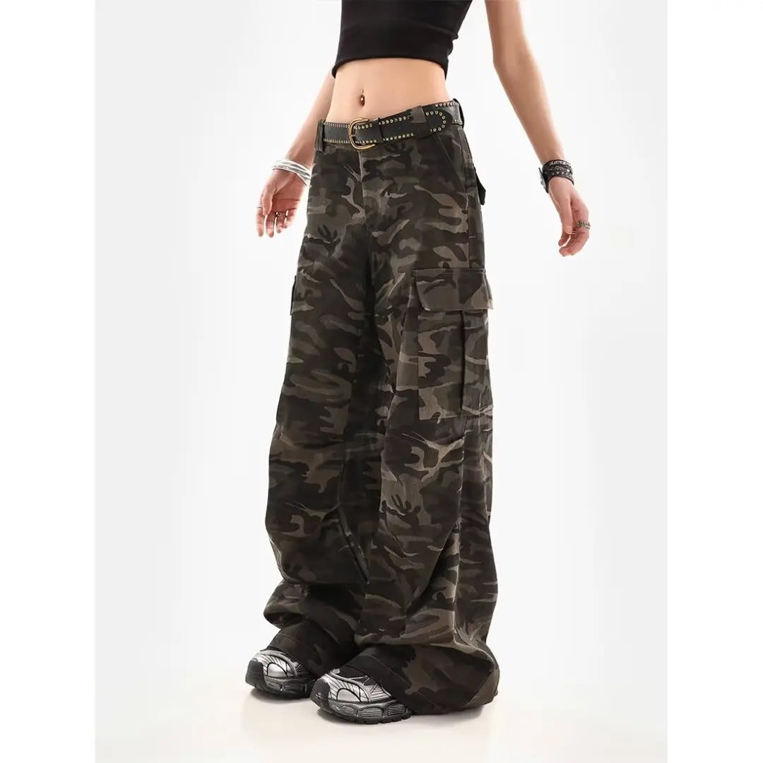 American Retro High Street Casual Overalls Camouflage Loose Wide Leg Pants For Women Y2k Hip-hop Cargo Grunge Baggy Trousers