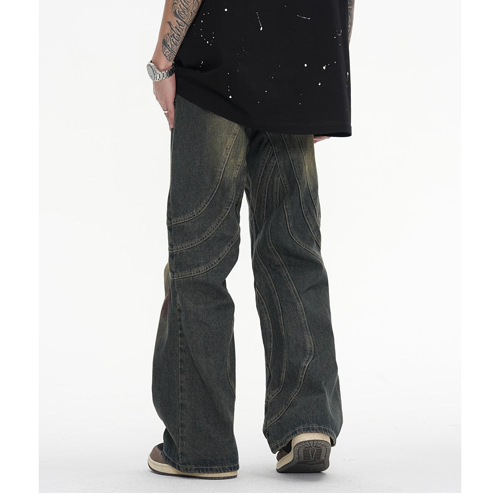 Vintage Y2K Painted Circle Striped Straight Flare Pants Men's Harajuku Streetwear Casual Baggy Jeans Oversized Denim Trousers - KAEDE GARDENS