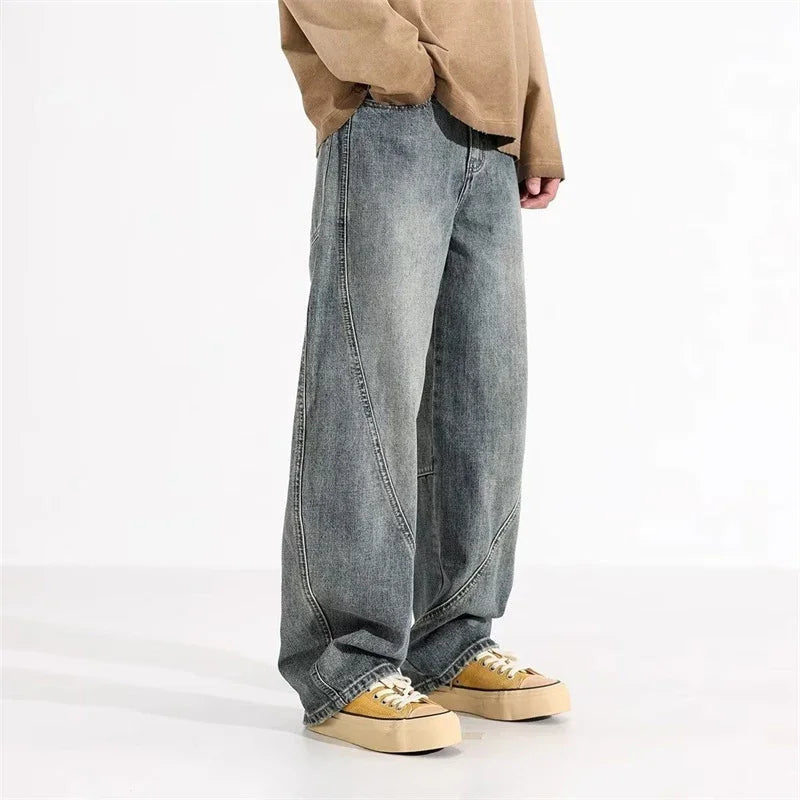 2025 New Y2K Vintage Straight Wide-Leg Jean For Men Casual 3D Splicing Baggy Denim Pants Hip Hop Fashion Streetwear jeans hombre