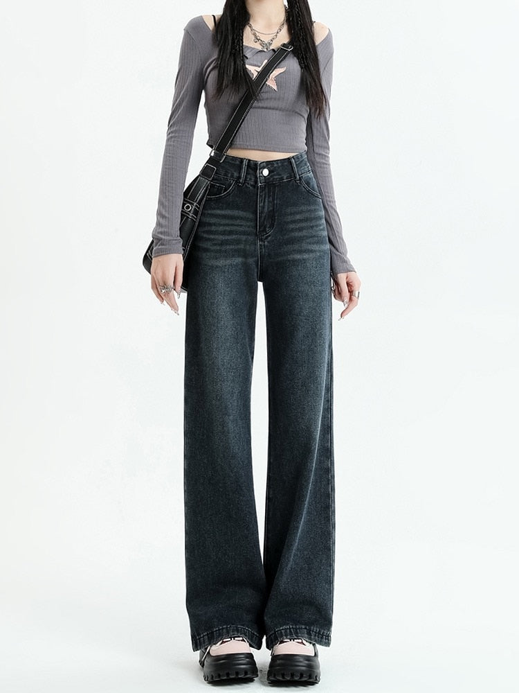 Jielur American Style Vintage Loose Women Jeans New Solid Color High Waist Slim Summer Female Wide Leg Pants Fashion Streetwear - KAEDE GARDENS