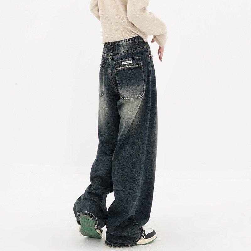 Harajuku Streetwear Retro Fashion Autumn Women High Waist Jeans Loose Wide Leg Straight Loose Denim Trousers Y2K Baggy Pants - KAEDE GARDENS