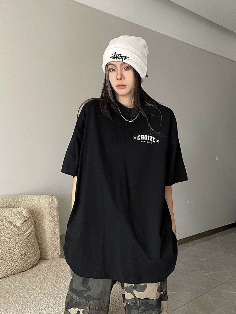 HOUZHOU Oversized Graphic Cotton T-shirts Women Harajuku Hip Hop Style Tees Female Grunge Y2k Korean Streetwear White Black Tops - KAEDE GARDENS