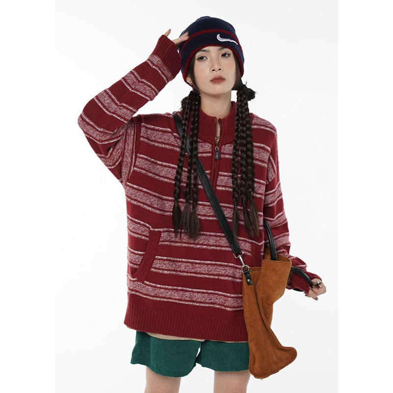 Red stripe half zip sweater - KAEDE GARDENS