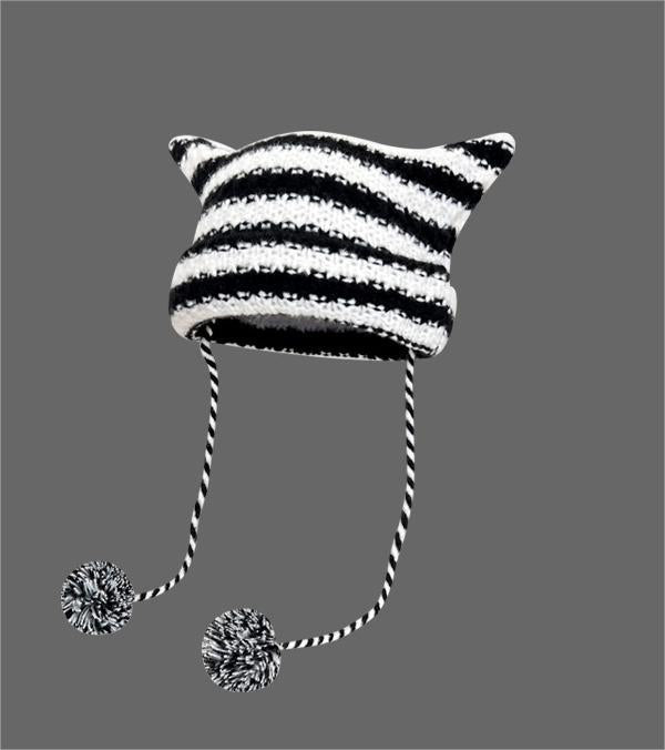 Y2K Japanese Streetwear Harajuku Beanie Hat Little Devil Striped Knitted Hat ForWomen Girls Autumn Winter Cute Cat Ears Cap - KAEDE GARDENS