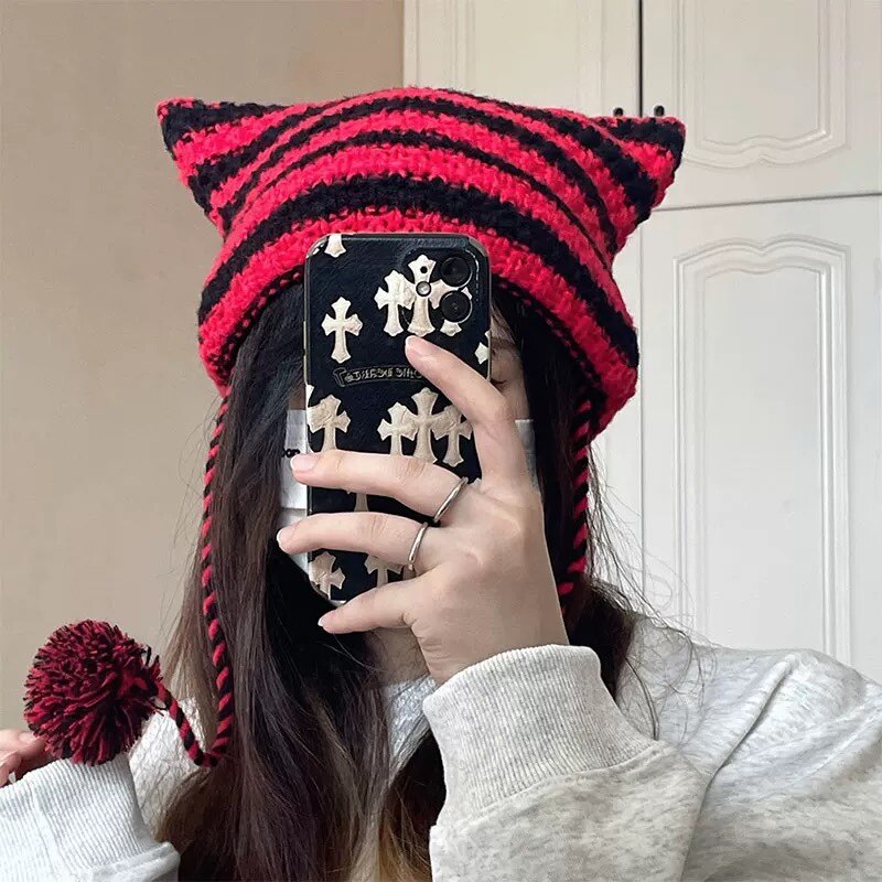 Y2K Japanese Streetwear Harajuku Beanie Hat Little Devil Striped Knitted Hat ForWomen Girls Autumn Winter Cute Cat Ears Cap - KAEDE GARDENS