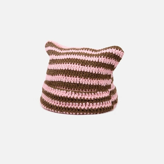 Y2K Japanese Streetwear Harajuku Beanie Hat Little Devil Striped Knitted Hat ForWomen Girls Autumn Winter Cute Cat Ears Cap - KAEDE GARDENS