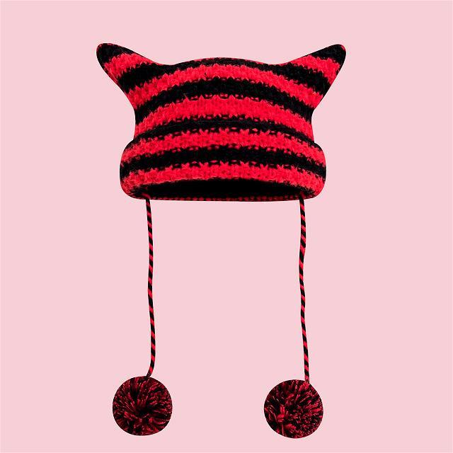 Y2K Japanese Streetwear Harajuku Beanie Hat Little Devil Striped Knitted Hat ForWomen Girls Autumn Winter Cute Cat Ears Cap - KAEDE GARDENS