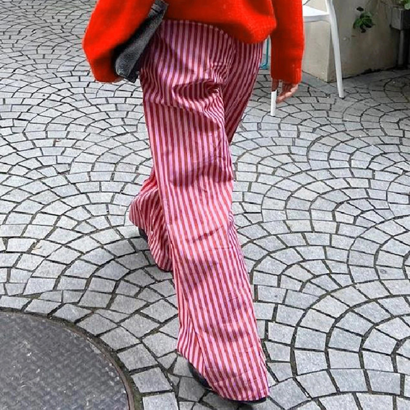 Women Y2k Oversize Pants Loose Wide Leg Casual Solid Color/Stripe Print Elastic Waist Trousers for Work Office Streetwear