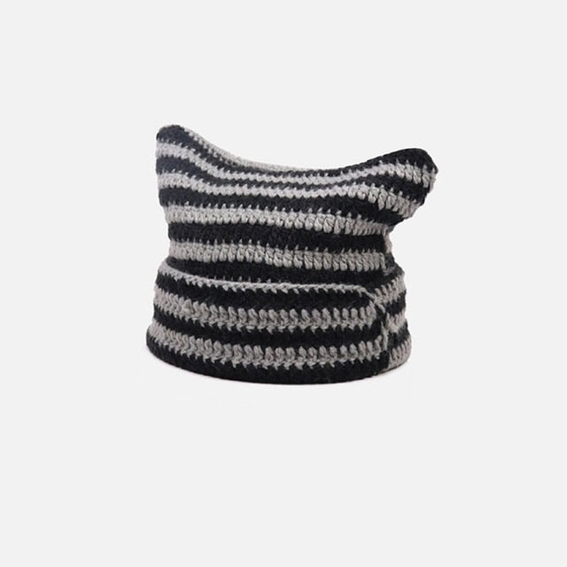 Y2K Japanese Streetwear Harajuku Beanie Hat Little Devil Striped Knitted Hat ForWomen Girls Autumn Winter Cute Cat Ears Cap - KAEDE GARDENS