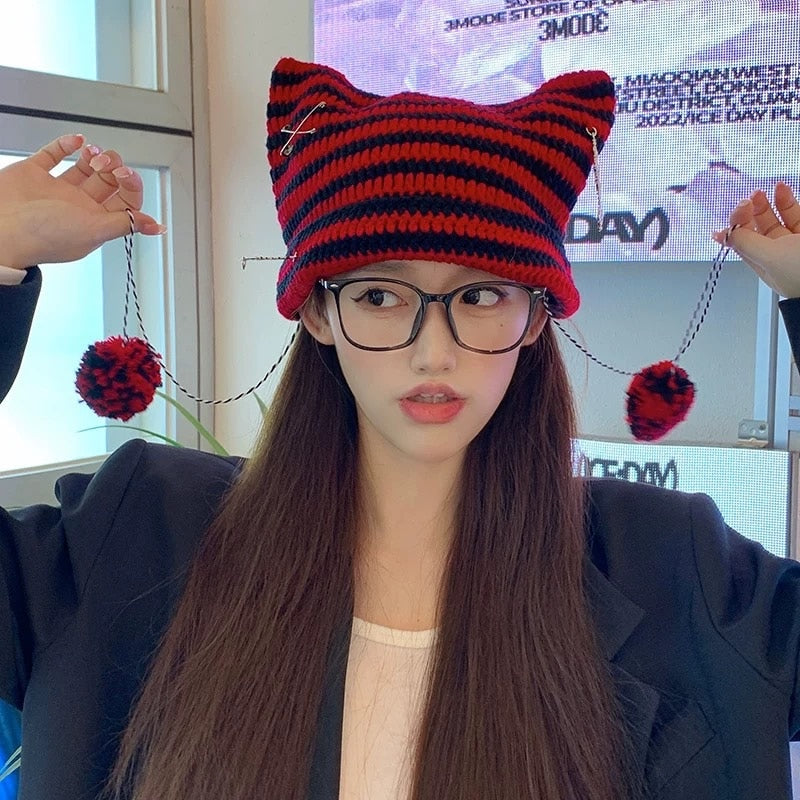 Y2K Japanese Streetwear Harajuku Beanie Hat Little Devil Striped Knitted Hat ForWomen Girls Autumn Winter Cute Cat Ears Cap - KAEDE GARDENS