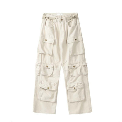 Street Popular White Multi-pocket Overalls Men&#39;s Harajuku Style Loose Casual Trousers Straight Mopping Pants Autumn New 2022 - KAEDE GARDENS