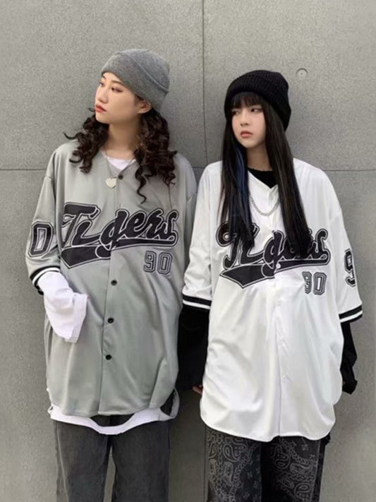 ADAgirl Baseball Oversize Blouse Women Streetwear Hip Hop Short Half Sleeve Shirts Girl Vintage Printed Korean Style Femme Tops - KAEDE GARDENS