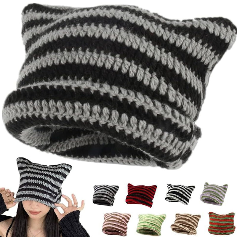 Y2K Japanese Streetwear Harajuku Beanie Hat Little Devil Striped Knitted Hat ForWomen Girls Autumn Winter Cute Cat Ears Cap - KAEDE GARDENS